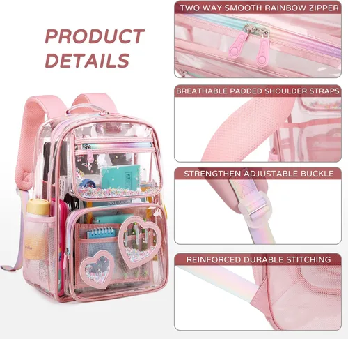 Vista 4 de Mochila transparente para niñas y mujeres, mochila transparente para niños, escuela primaria, universidad, mochila de viaje para laptop, mochilas