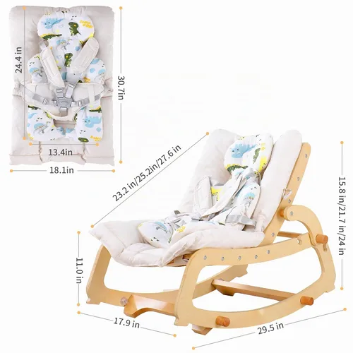 Vista 8 de MallBest Silla mecedora 3 en 1 para bebé con cojines dobles, para 0-12 meses, balancín de madera ajustable para bebés con cojín extraíble y arnés