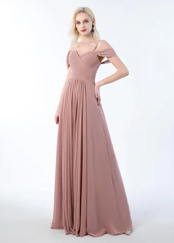 Vista 4 de Vestidos largos de dama de honor con hombros descubiertos para mujer, con bolsillos, acampanados, plisados, de gasa, vestidos formales de fiesta