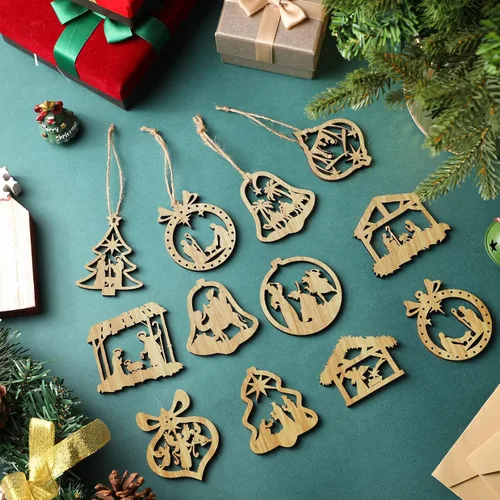 Vista 4 de Juego de 24 adornos de madera para árbol de Navidad, decoración religiosa del nacimiento de Jesús, decoración colgante para familia cristiana (forma)