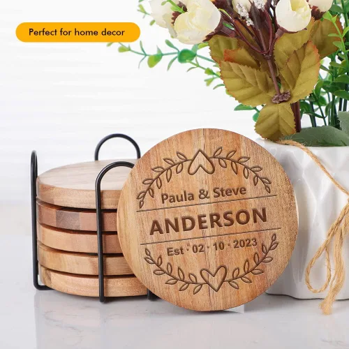 Vista 8 de WLWNWFT Posavasos de madera para bebidas con soporte para abridor de botellas, juego de 6, posavasos de madera de acacia para mesa de café, mesa