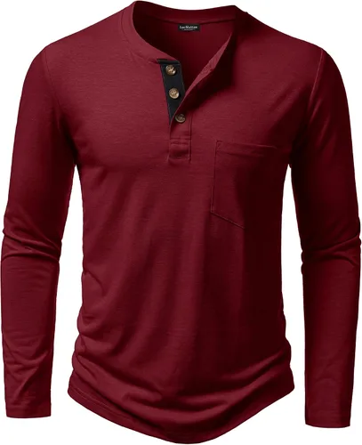Vista 7 de LucMatton - Camiseta Henley para hombre, ligera, casual, elástica, ajuste entallado, manga larga, con bolsillo Verde militar