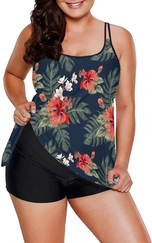Vista 4 de Urchics - Traje de baño 2023, para mujer, tankini de dos piezas, con control de abdomen, camiseta fluida sin mangas, con short