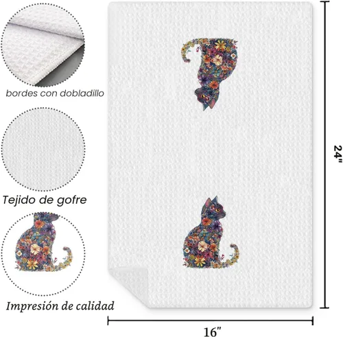 Vista 6 de Toalla de cocina con gato floral, toalla de mano con gato floral para decoración de baño, toalla de té para platos de cocina con gatito