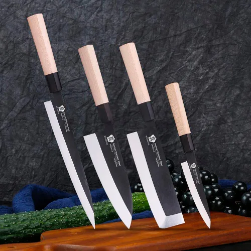 Vista 8 de WILDMOK GYUTO - Juego de 4 cuchillos de chef de sushi Yanagiba-Deba-Nakiri-Utilidad, cuchillos de fileteado de pescado con hoja de acero alemán