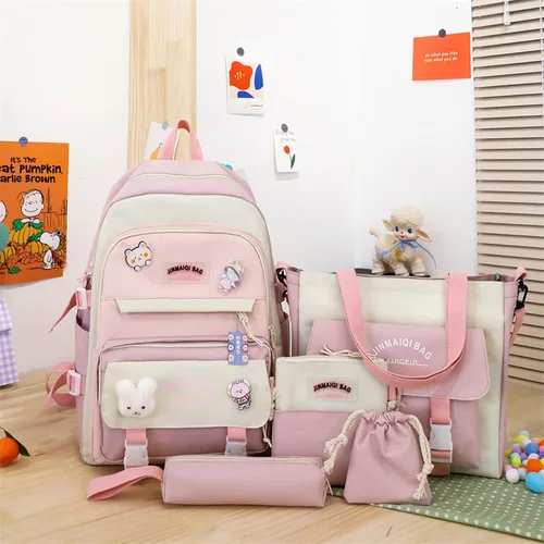 Vista 8 de Juego de 5 mochilas kawaii lindas con alfileres colgantes de oso, suministros de regreso a clases, bolsa escolar de lona de anime, Rosado, Mochilas