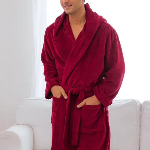 Vista 5 de Alexander Del Rossa Bata de baño de vellón suave con capucha para hombre, bata larga y cálida con capucha