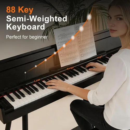 Vista 2 de Piano digital con peso completo de 88 teclas, teclado eléctrico vertical de madera con acción de martillo progresivo, unidad de 3 pedales, soporte