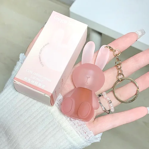 Vista 8 de Juego de lápices labiales líquidos de terciopelo mate de 6 colores, lindo esmalte de labios de conejo 2 en 1, llavero de brillo de labios, tinte