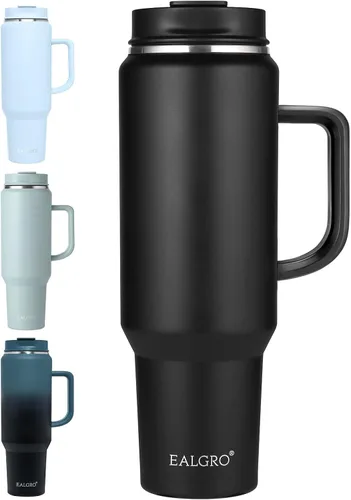 Vista 25 de EALGRO Botella de agua aislada de 40 onzas con popote y asa, frasco de agua deportivo de metal grande, taza de café de viaje de acero inoxidable