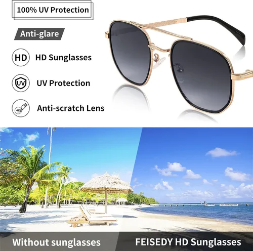 Vista 30 de FEISEDY Gafas de sol Aviador Hombres Mujeres 70s Gafas de sol Cuadrado Marco UV400 Protección B2953