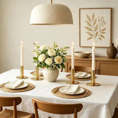 Vista 3 de Paquete de 4 portavelas cónicos dorados, portavelas de metal resistente para centro de mesa de boda, soporte rústico para mesa de comedor, mantel