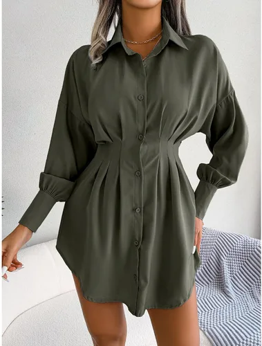 Vista 2 de TOPINCN Minivestido tipo camisa con cuello en V para mujer, estilo casual, manga larga, botones, fruncido, longitud hasta la rodilla, vestido