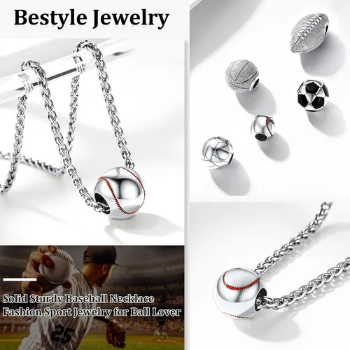 Vista 2 de Bestyle Collar con colgantes de bola vívida para hombre, acero inoxidable sólido, fútbol, baloncesto, voleibol, pelota de rugby, béisbol, plateado