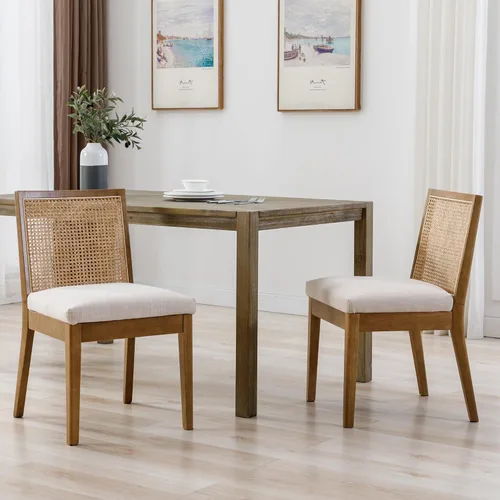 Vista 10 de BESTANO Juego de 2 sillas de comedor de ratán estilo granja, sillas de cocina de madera negra para comedor rectangular, sillas de cocina de mimbre