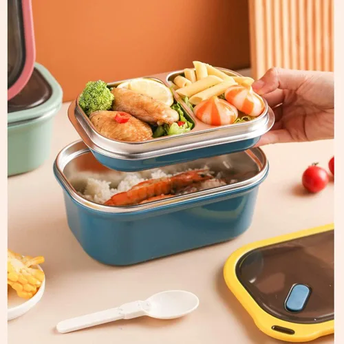 Vista 3 de Caja Bento de acero inoxidable, contenedores de almuerzo de metal con compartimento, lonchera sellada contenedor de comida (azul)