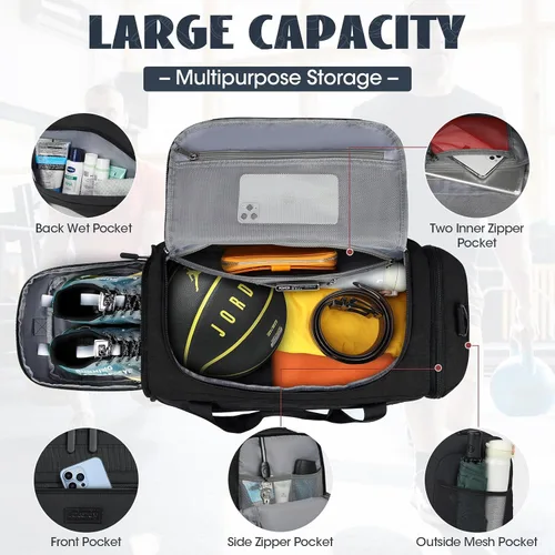 Vista 3 de Bolsa de gimnasio para hombre, 40 L, bolsa de lona deportiva para gimnasio, bolsa de lona para mujer, con compartimento para zapatos y bolsillo