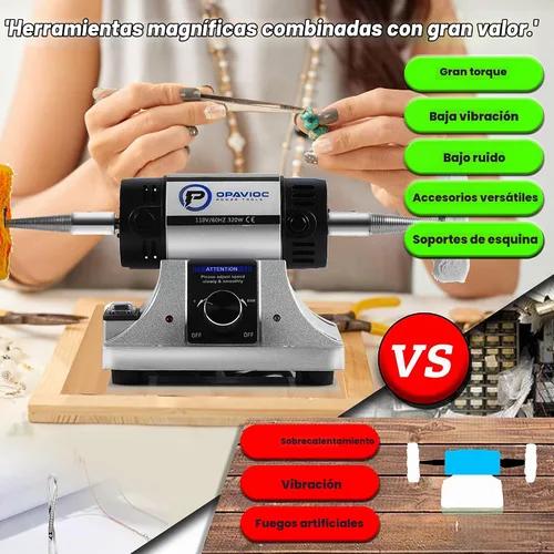 Vista 6 de Pulidor de joyas – Amoladora de banco ajustable de velocidad variable para pulido y abrillantado, pulidora dental y torno – Incluye 6 ruedas