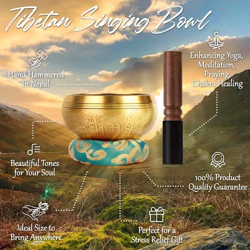 Vista 3 de Relaehih Juego de 2 cuencos tibetanos cantantes, 100% hechos a mano en Nepal, juego de meditación de cuencos con sonido para yoga, curación