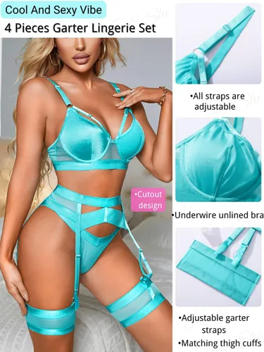 Vista 134 de Kaei&Shi - Lencería con liguero para mujer, conjunto de encaje traslúcido y sexy de 4 piezas combinadas