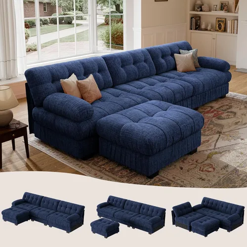 Vista 15 de Sofá modular de gran tamaño de 90 pulgadas con otomana móvil, asiento profundo en forma de L, cómodo sofá de nube de felpilla de 3 asientos modernos
