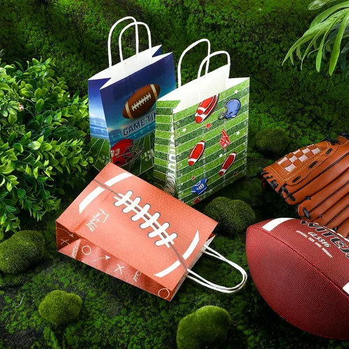 Vista 7 de Zonon 20 bolsas de regalo de fiesta de fútbol, bolsas de regalo de papel con patrón de fútbol, golosinas con asas, para equipos deportivos de rugby