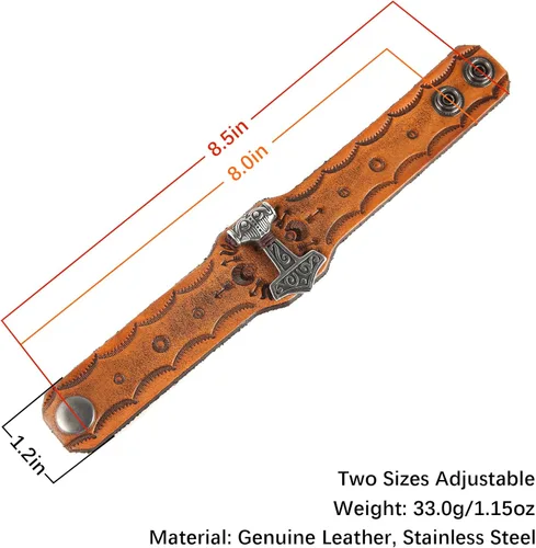Vista 7 de HZMAN Mjölnir - Pulsera de piel auténtica para hombre diseño gótico ajustable estilo gótico