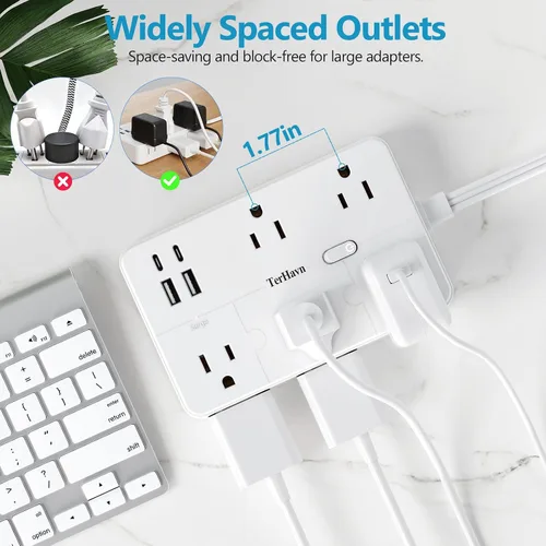Vista 6 de Cable de extensión plano de 1 pie con protector de sobretensiones, 10 salidas de CA y 4 puertos USB (5V/3.4A 17W), 1080J, estación de carga