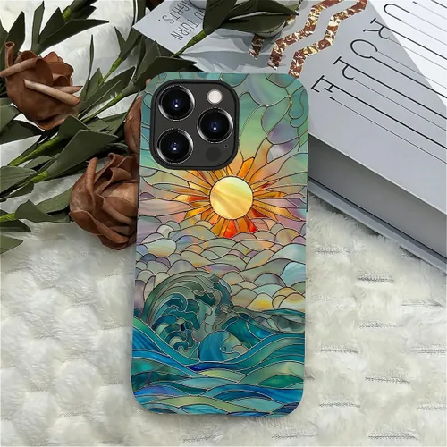 Vista 6 de DAIZAG Funda compatible con iPhone 15 Pro Max, Rayos de Sol Olas del Océano Vidrio Manchado Patrón Completo Plástico Suave TPU Anti-Caídas, Doble
