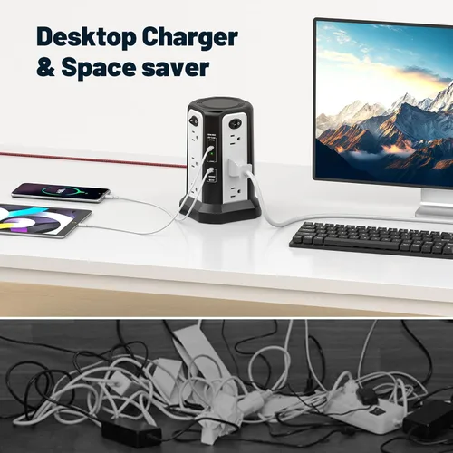 Vista 6 de PD65W USB C Estación de carga rápida de escritorio, regleta de alimentación PASSUS con 12 salidas de CA 4 USB C 1 USB A, cable de extensión