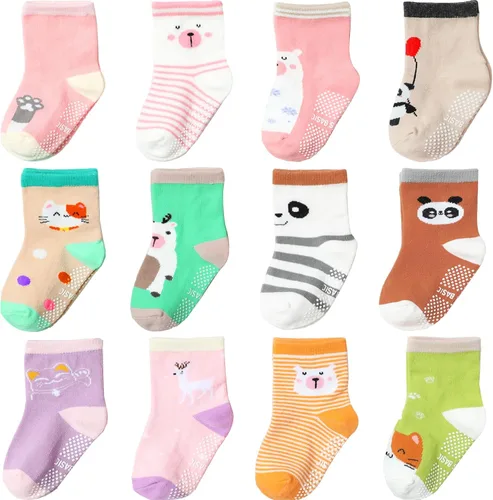 Vista 40 de Calcetines antideslizantes con agarre para tobillos, paquete de 12 unidades para niños pequeños, niños y niñas, lindos calcetines de algodón
