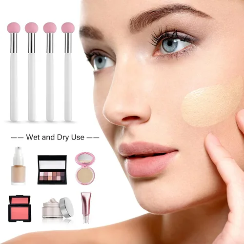 Vista 7 de Sibba Juego de 4 brochas de base de maquillaje con mango rosa y blanco para polvo, rubor, contorno y corrector, incluye esponja, pinceles de mezcla