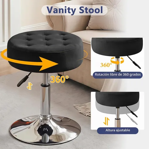 Vista 5 de Furniliving Taburete Otomano de Maquillaje de Terciopelo Acolchado de Mediados de Siglo, Silla Taburete de Tocador Giratoria Redonda Ajustable