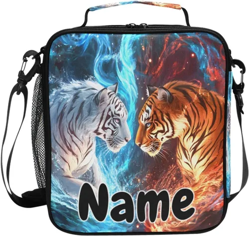 Vista 41 de Lonchera con patrón de cuadros blancos y negros, bolsa de almuerzo aislada, bolsa de preparación para niños, correa de hombro congelable a001