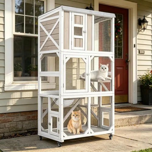 Vista 10 de Gran recinto para gatos Catio para exteriores, patio para gatos con 4 niveles, hamaca para condominio y postes rascadores, techo plano de madera