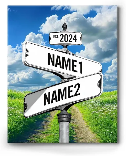 Vista 19 de Lienzo de letrero de calle vintage personalizado para parejas, nombre y fecha personalizados con tema de nube en blanco y negro, regalo de boda