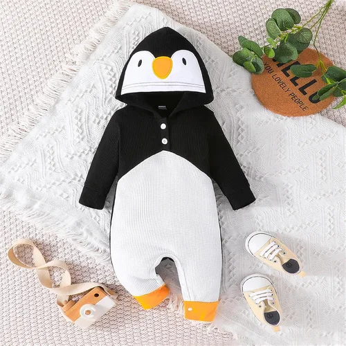 Vista 2 de Maemukilabe Mameluco con capucha de pingüino de manga larga con botones para bebé, niño, niña, disfraz de animal, ropa de otoño e invierno