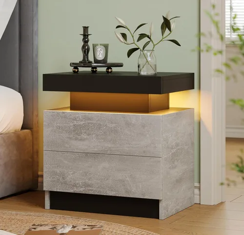 Vista 7 de Mesita de noche LED negra moderna con 2 cajones para mesa auxiliar de dormitorio