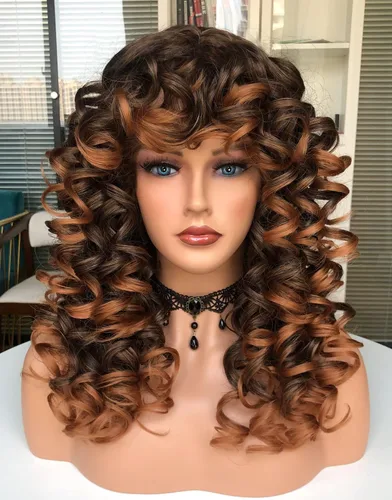 Vista 12 de Pelucas afro rizadas para mujeres negras, peluca larga y rizada con flequillo, fibra sintética esponjosa, sin pegamento, para cosplay y uso diario