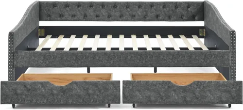 Vista 4 de Cama de día con almacenamiento, plataforma Queen con marco de madera maciza, marco de cama tapizado con botones copetudos con 2 cajones extraíbles