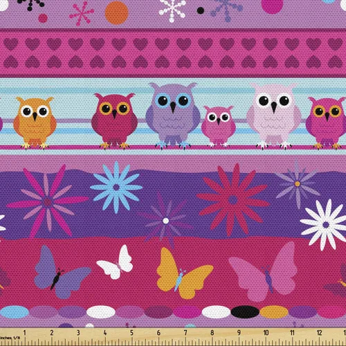 Vista 46 de Ambesonne Tela para Amantes de los Perros por Yarda, Perro Salchicha de Dibujos Animados Dachshund Cachorro con Pijamas a Rayas Flores y Mariposas