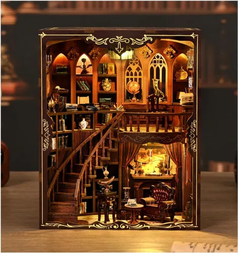 Vista 9 de Kit de rincón de libros, barco pirata, bricolaje, casa de muñecas en miniatura, decoración de estantería de madera 3D para adultos, soporte de casa