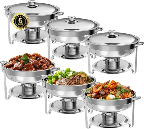 Vista 19 de IMACONE Juego de Bandejas Calentadoras de Buffet 4 Piezas, 5QT Redondas de Acero Inoxidable con Tapa de Vidrio para Catering, Conjuntos