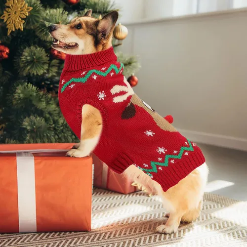 Vista 6 de Suéter navideño de cuello alto para perro, suéter de invierno de renos y copos de nieve con agujero para la correa, suéter de punto para cachorros