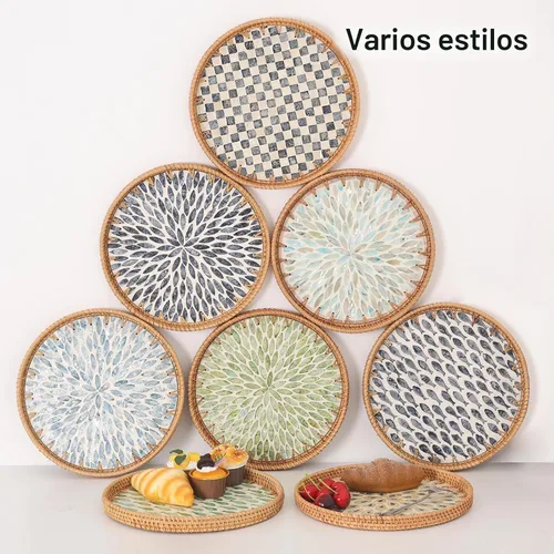 Vista 3 de Bandeja redonda de ratán con incrustaciones de nácar, bandeja de ratán para café, pan, frutas, bandeja decorativa de mimbre para decoración de mesa