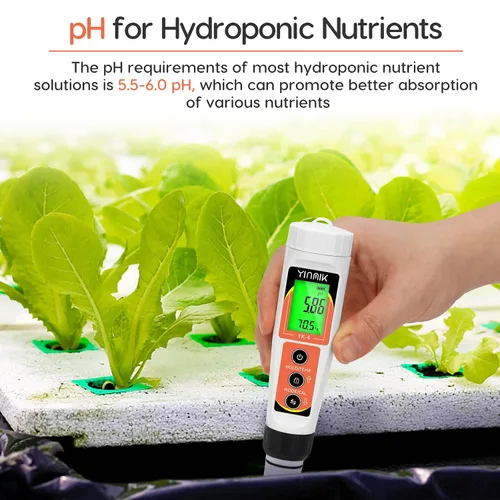 Vista 3 de Yinmik Medidor de pH, medidor digital 4 en 1 de pH EC TDS Temp para agua hidropónica, probador de agua impermeable DWC de pH y EC PPM