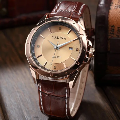 Vista 6 de ORKINA Reloj deportivo de lujo oro tono redondo fecha marrón banda de cuero hombres reloj deportivo ORK083, Oro, Reloj de cuarzo