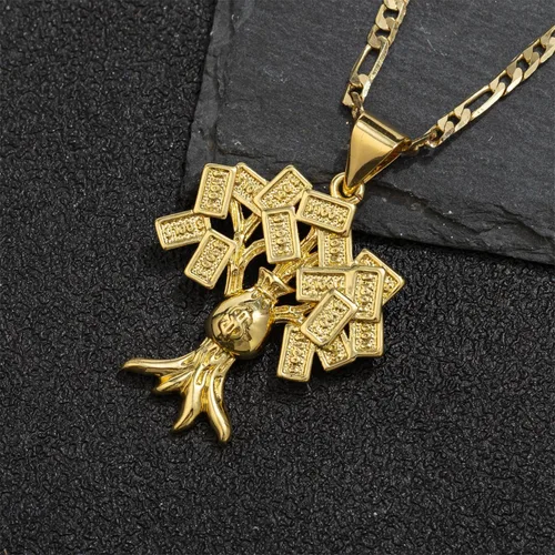 Vista 3 de Collar con colgante de árbol de billetes de 18 quilates chapado en oro de 100 dólares para mujeres y hombres, colgante de árbol de dinero, 0.118 in