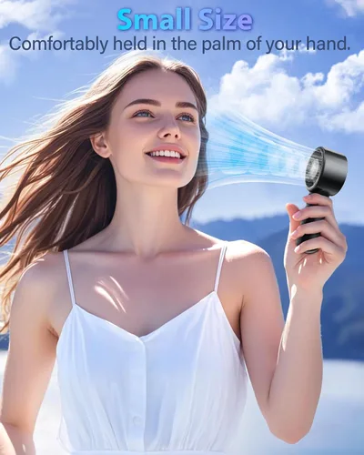Vista 6 de Ventilador de mano portátil, pequeño ventilador de mano turbo personal, potente, refrescante, cordón, recargable por USB, 5 velocidades, maquillaje