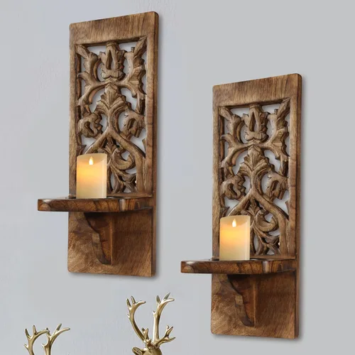 Vista 3 de Juego de 2 apliques de velas rústicos para montaje en pared - Portavelas de pilar de estante flotante de madera, decoración de pared de granja